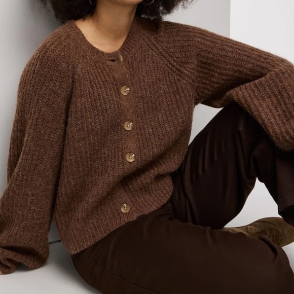 Long-Balloon-Sleeve Crew-Neck Cardigan - Picture 2 of 7